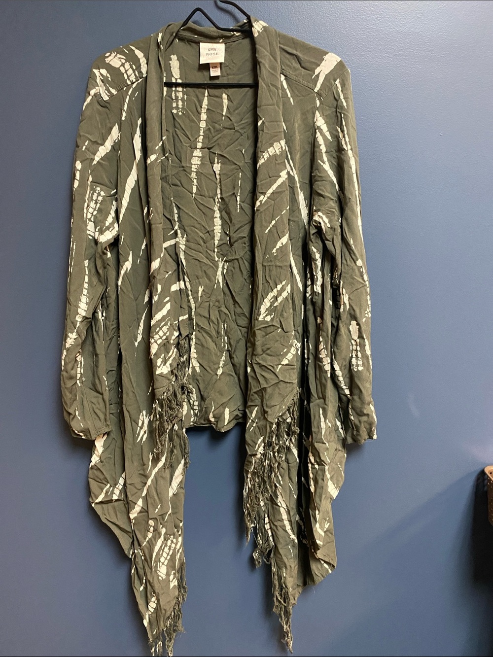 KNOX ROSE WO SIZE XXL COTTON DUSTER  HI- LOW FRINGE OPEN FRONT TAB SLEEVES